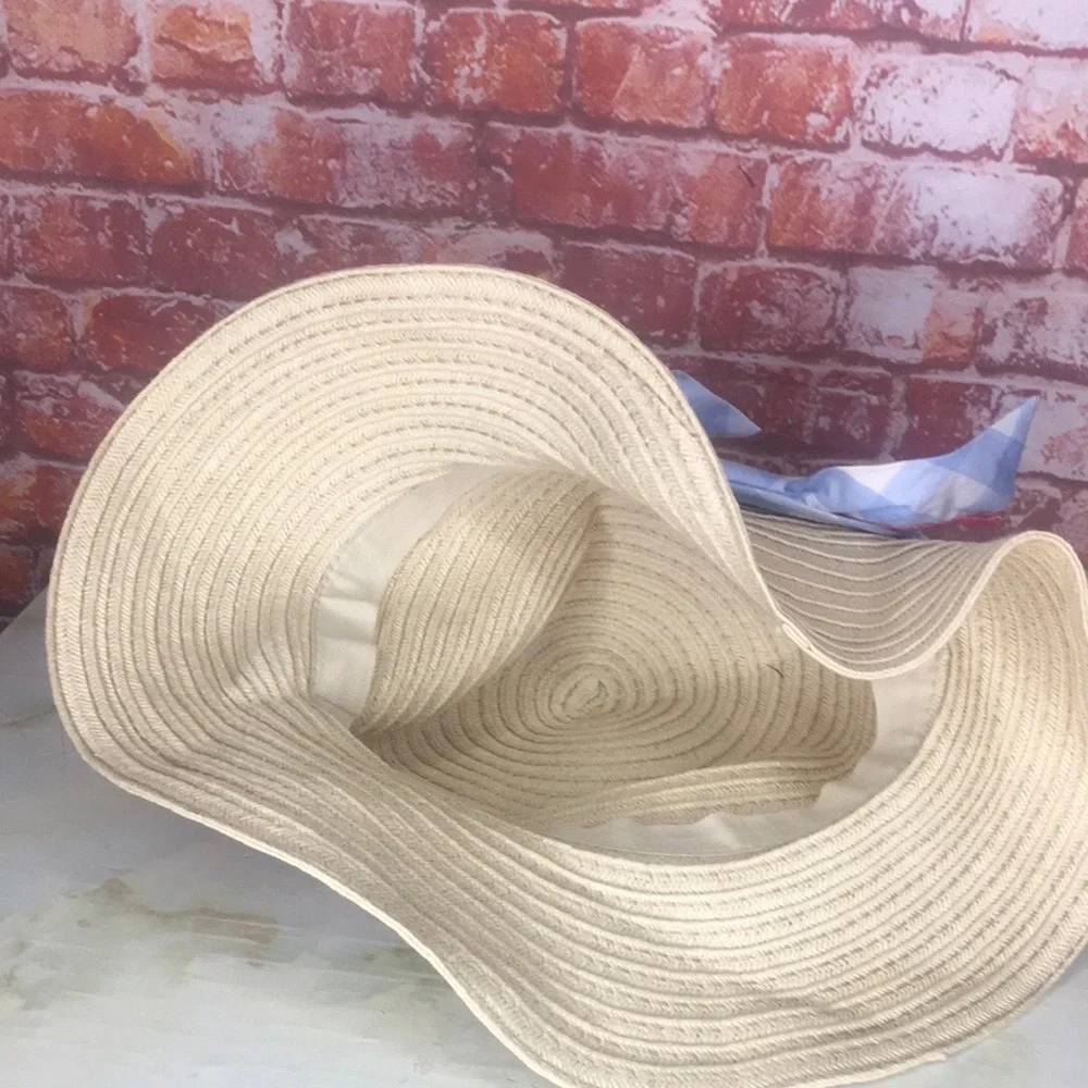 Tan Straw Sun Hat with Blue and Red Cotton Ribbon